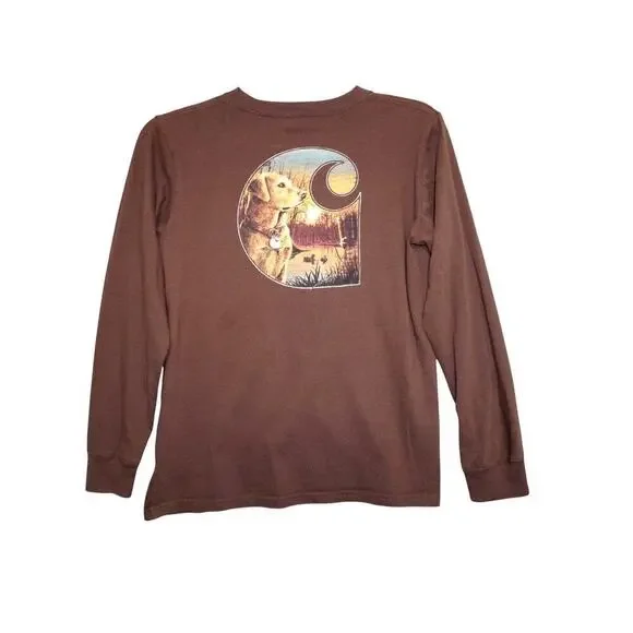 Carhartt Youth Brown Long Sleeve Pocket Tee – Dog Duck Hunt Graphic Back Size M - Picture 4 of 7